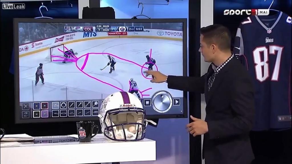 Un presentador dibuja un miembro viril mientras analiza un partido de hockey