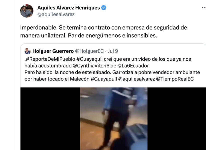 El alcalde de Guayaquil ordenó la terminación del contrato con la empresa de seguridad a través de un tuit.