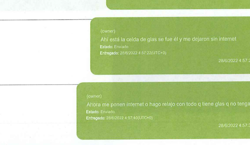 Imagen del chat de Norero con el usuario ravioli (Xavier Jordán), en donde describe que reclamó para tener de nuevo señal de Internet.