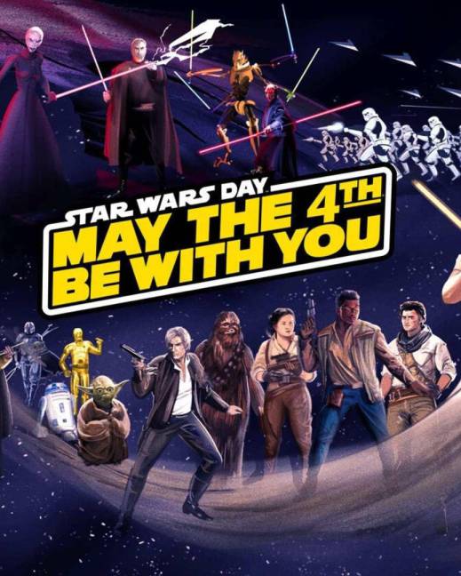 Personajes de la saga Star Wars acompañado de la frase 'May the 4th be with you'