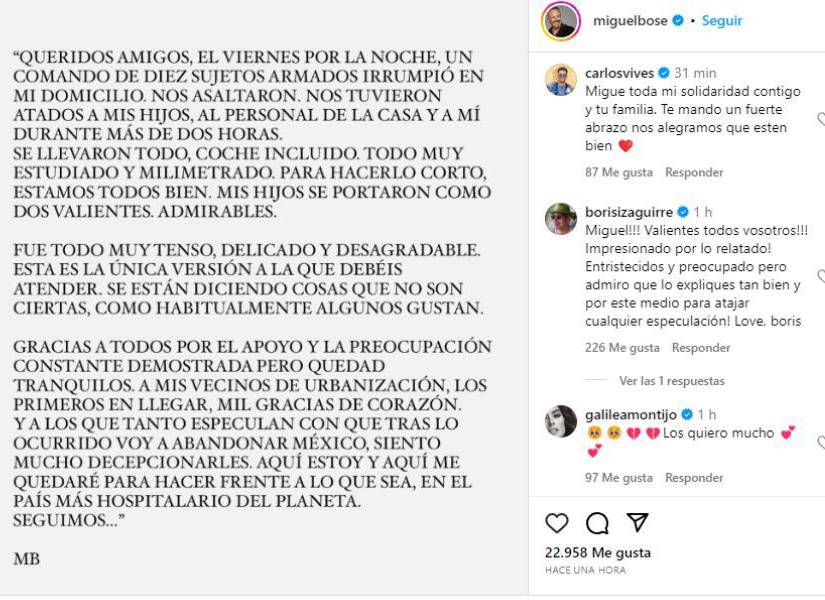 Captura de pantalla del comunicado que publicó Miguel Bosé hablando sobre el atraco del que fue vícitma en México.