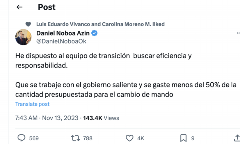 Daniel Noboa, a través, de un tuit informó que se gaste menos del 50% de la cantidad presupuestada para el cambio de mando. Daniel Noboa, a través, de un tuit informó que se gaste menos del 50% de la cantidad presupuestada para el cambio de mando.