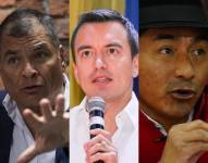 Fotos de Rafael Correa, Daniel Noboa y Leonidas Iza.