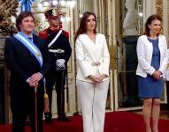 El presidente Javier Milei junto a Victoria Villaroel y la canciller Diana Mondino.