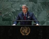 El presidente de Ecuador, Guillermo Lasso, habla ante la Asamblea General de la ONU, este 20 de septiembre de 2023, en Nueva York.