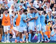 Jugadores del Manchester City celebran el gol de Rodri, el 3-1, ante West Ham United