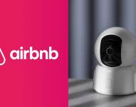 Logo de la plataforma Airbnb junto cámara de seguridad.
