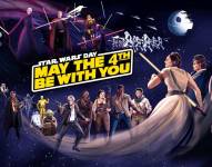 Personajes de la saga Star Wars acompañado de la frase 'May the 4th be with you'