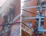 Por cuerdas de emergencia proporcionadas por el Servicio de Bomberos de Delhi, India, estudiantes de una institución educativa pudieron escapar de un incendio.