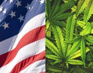 Bandera de Estados Unidos y hojas de marihuana
