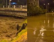 Imágenes del río Tomebamba, en Cuenca, y la inundación en el sector Virgen del Milagro.