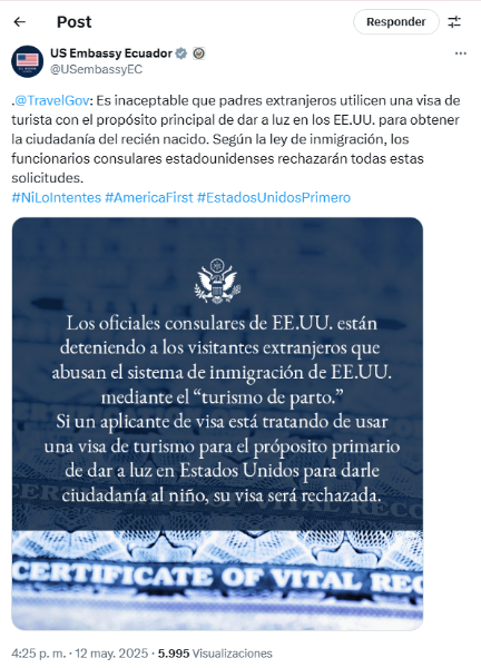 Captura de pantalla de la publicación de la Embajada de Estados Unidos en Ecuador advirtiendo que rechazará las solicitudes de visas de mujeres embarazadas. Captura de pantalla de la publicación de la Embajada de Estados Unidos en Ecuador advirtiendo que rechazará las solicitudes de visas de mujeres embarazadas.