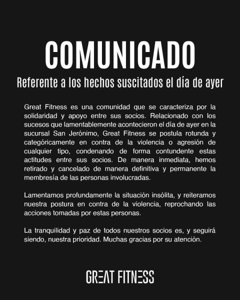 Comunicado oficial del gimnasio en Monterrey.