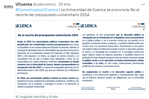 Comunicado de la Universidad de Cuenca en el que rechazan el recorte al presupuesto universitario para el 2024.