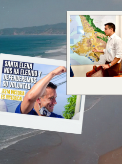 De izquierda a derecha: Daniel Noboa en una postal de campaña, cuando corría por las elecciones de la Asamblea como legislador provincial de Santa Elena; mostrando el mapa de Santa Elena; y celebrando su triunfo en las elecciones presidenciales, desde Olón.