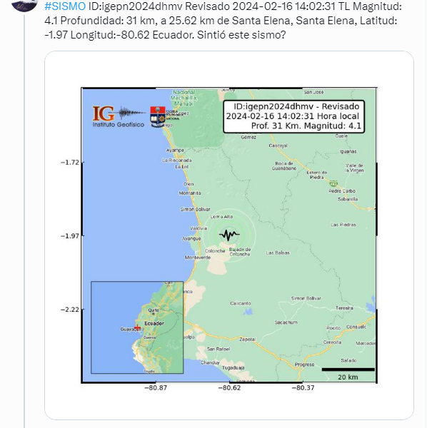 Captura de reporte del sismo en Santa Elena, por el Instituto Geofísico, en este 16 de febrero.