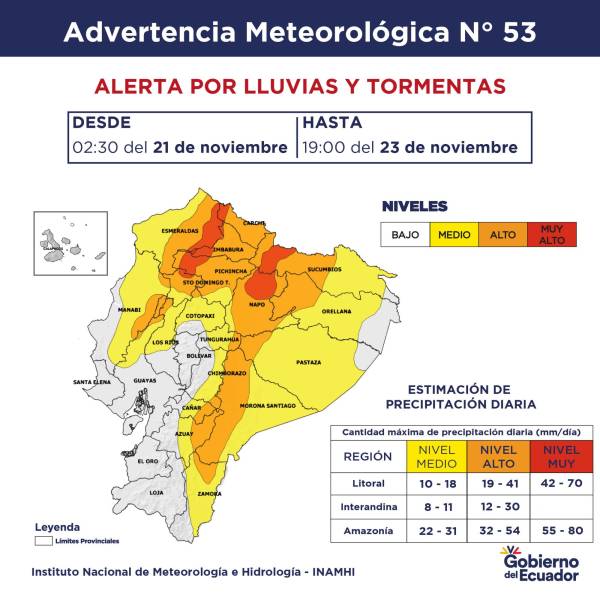 Imagen de zonas que estarán afectadas por lluvias y tormentas del 20 al 23 de noviembre.