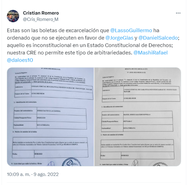 Publicación de Cristian Romero en Twitter (ahora X) del 9 de agosto de 2022.