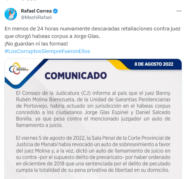 Imagen de una publicación de Rafael Correa pronunciándose sobre las medidas que tomó el Consejo de la Judicatura sobre Banny Molina.