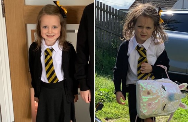 El antes y el después de una niña en su primer día de clases