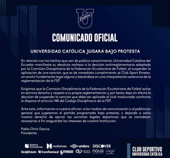 A Universidad Católica no le gustó la decisión de la FEF y jugará bajo protesta ante Emelec