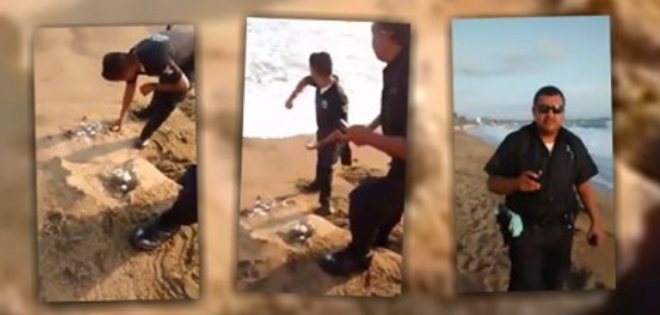 (VIDEO) Captan a policías lanzando huevos de tortuga al mar