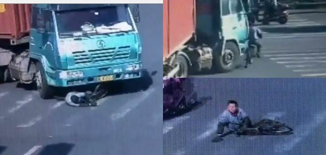 Ciclista chino atropellado por un camión termina ileso