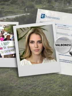 Composición de fotografías que muestra el plantón de los habitantes en Olón y la vinculación de la primera dama en la empresa Vinazin S.A., donde es accionista mayoritaria.