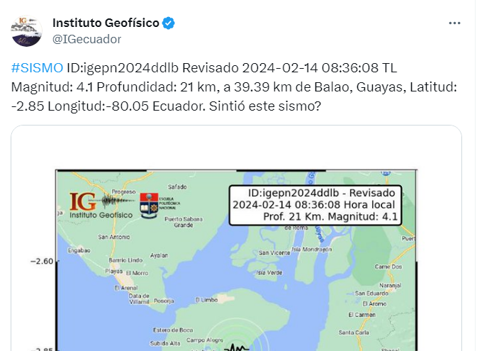 Imagen de sismo en el Golfo de Guayaquil, la mañana de este miércoles 14 de febrero de 2024.