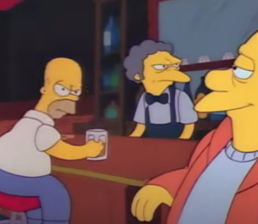 Larry Dalrymple, sentado a la derecha, junto a Homero Simpson.