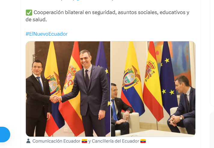 Seguridad, democracia y transición ecológica, entre los temas de la reunión entre Noboa y Sánchez en España