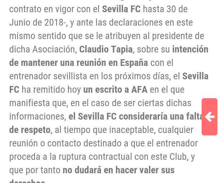 Sevilla se pronuncia por interés de AFA en Sampaoli