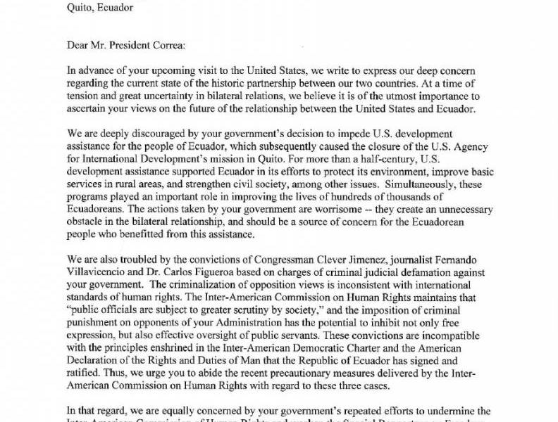 Senadores de EE.UU. envían críticas al presidente Correa en una carta