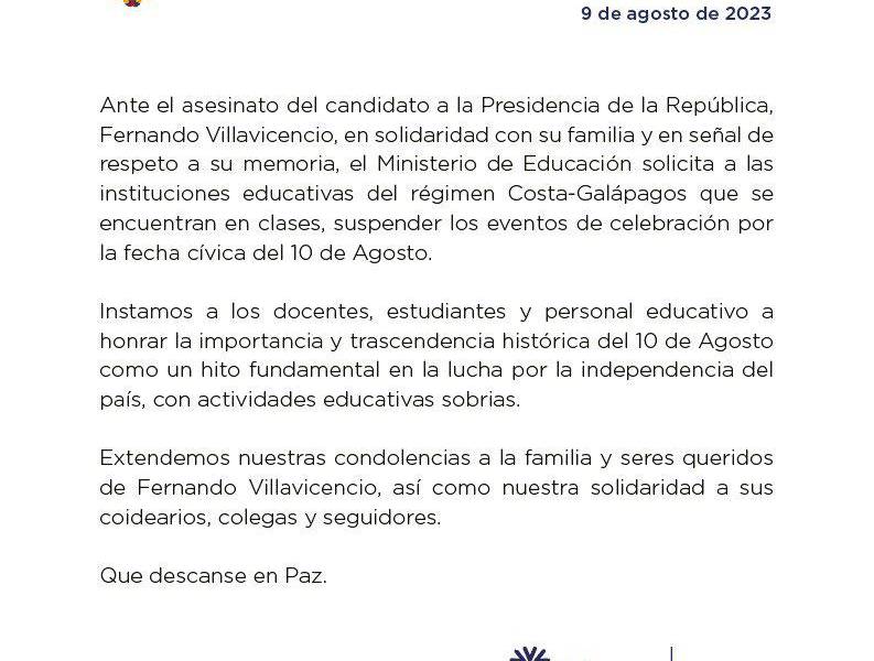 Comunicado del Ministerio de Educación publicado tras el asesinato de Fernando Villavicencio.