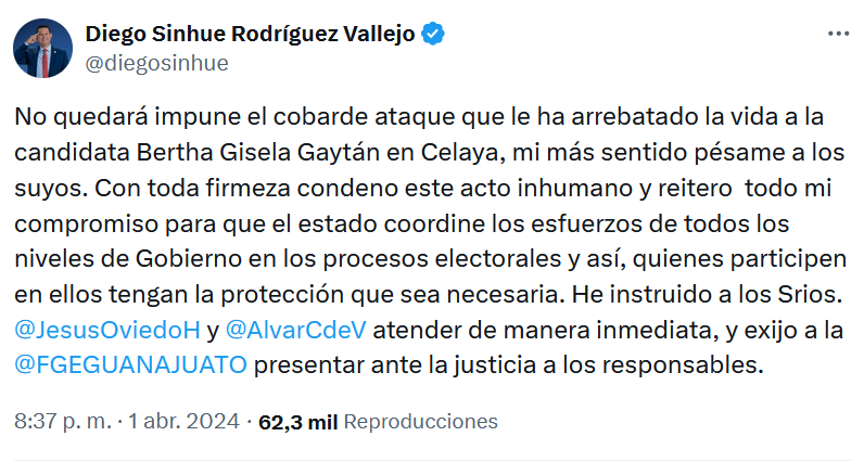 El gobernador de Guanajuato, Diego Sinhue, condenó el atentado.