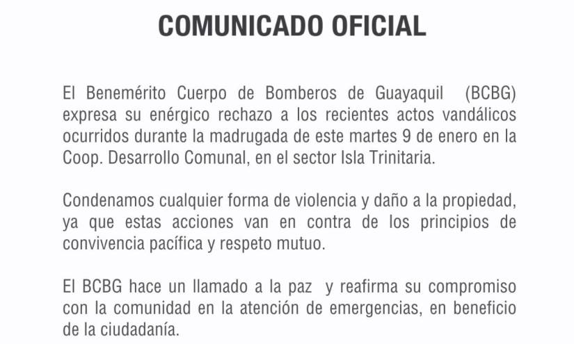 Pronunciamiento de los bomberos de Guayaquil.