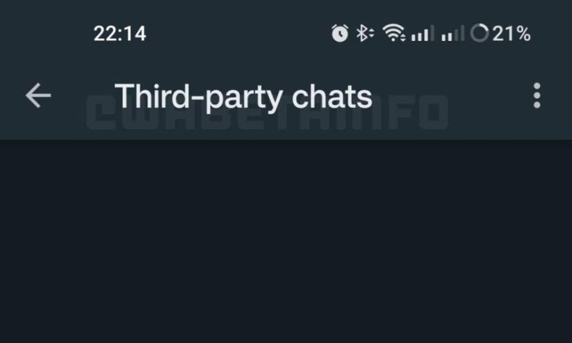 Imagen filtrada por WABetaInfo en donde aparece una pantalla que dice 'Third-party chats', traducido en español a 'chats de terceros'.