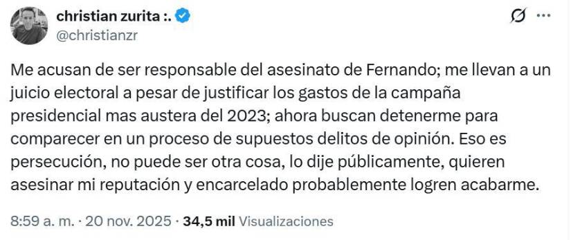 Publicación de Christian Zurita en X. Publicación de Christian Zurita en X.