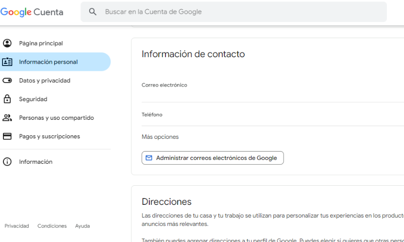 Captura de configuración de Google.