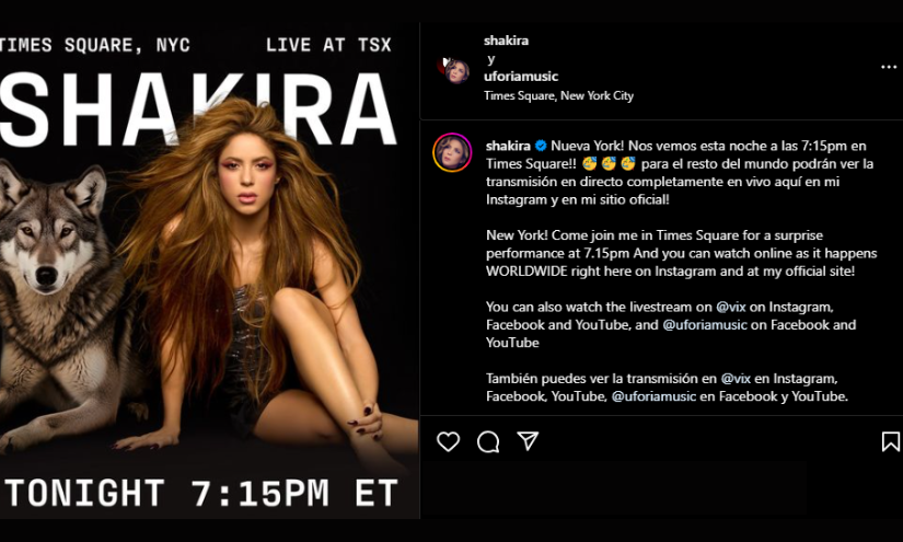Capture del post realizado por Shakira.
