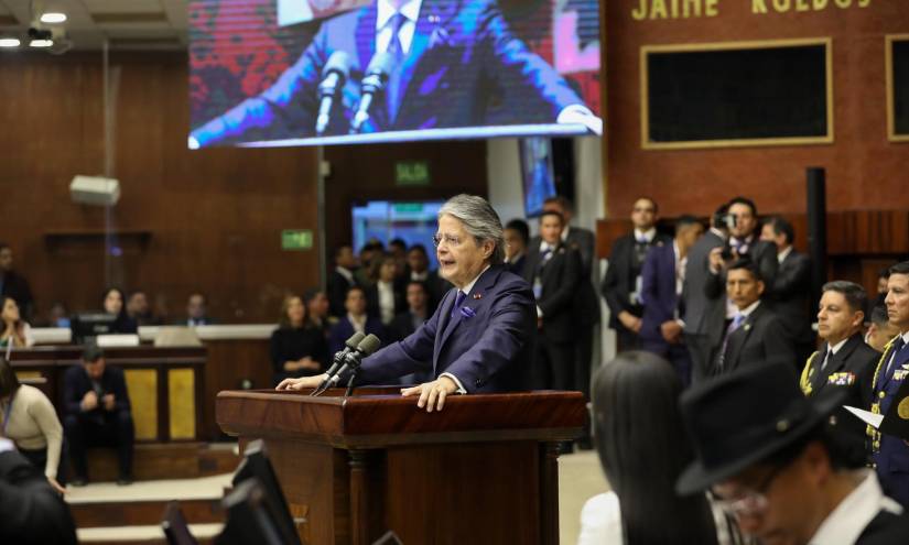 Imagen del entonces mandatario Guillermo Lasso interpelando durante un juicio político contra él, el 16 de mayo del 2023. Imagen del entonces mandatario Guillermo Lasso interpelando durante un juicio político contra él, el 16 de mayo del 2023.