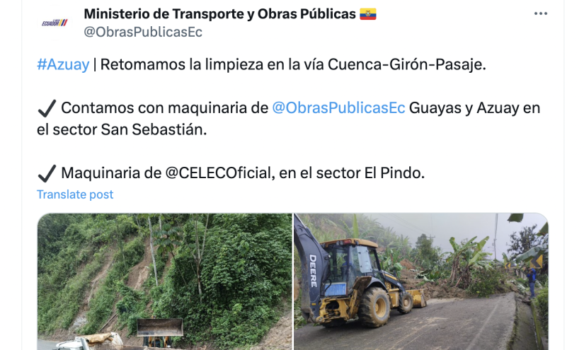 El Ministerio de Transporte y Obras públicas informó sobre la limpieza en la vía Cuenca-Girón-Pasaje.