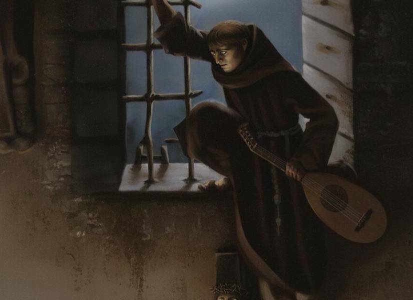 Ilustración del Padre Almeida huyendo subiendo por el crucifijo con la imagen de Jesús Ilustración del Padre Almeida huyendo subiendo por el crucifijo con la imagen de Jesús