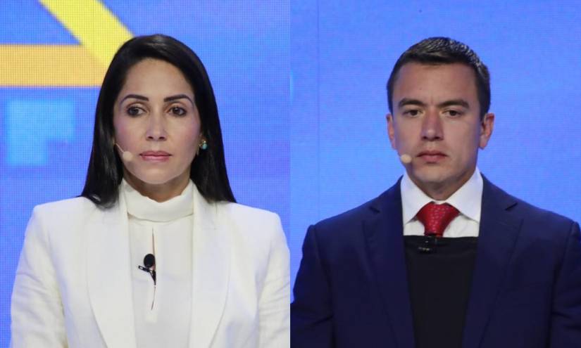 Fotos de Luisa González y Daniel Noboa durante el debate electoral del 13 de agosto.