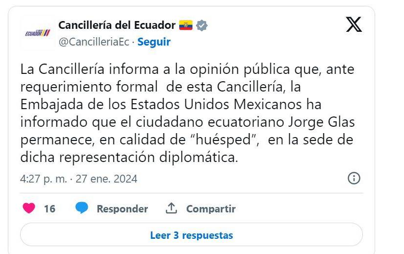 Jorge Glas sigue dentro de la sede diplomática de México, informó la Cancillería de Ecuador
