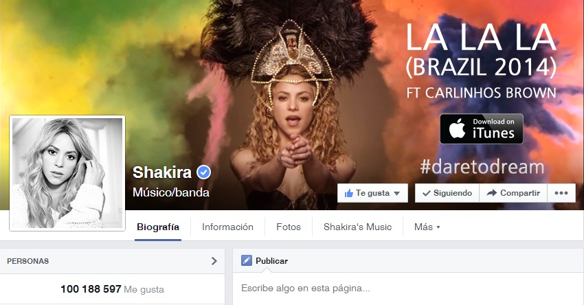 Shakira supera los 100 millones de “me gusta” en Facebook