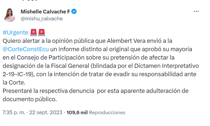 Mishelle Calvache presenta una denuncia contra Alembert Vera y otros consejeros del Cpccs por fraude procesal Mishelle Calvache presenta una denuncia contra Alembert Vera y otros consejeros del Cpccs por fraude procesal