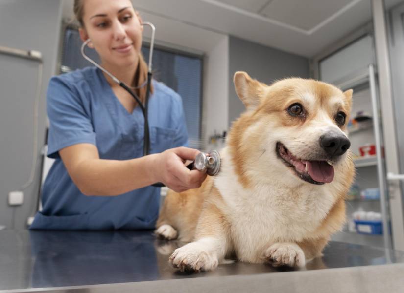 Veterinaria revisando a un perro