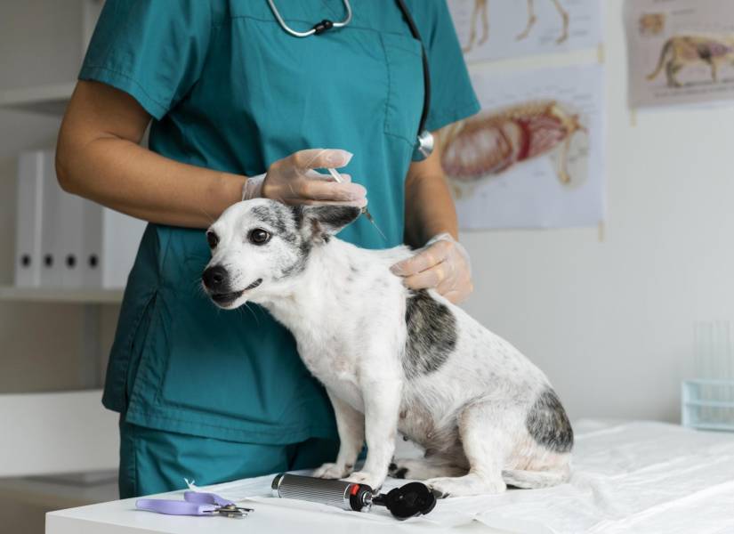 Veterinario colocando una vacuna a un perro.