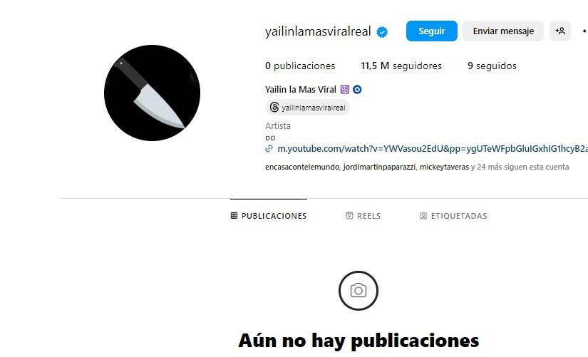 Captura de pantalla del perfil de Instagram de Yailin y la foto de perfil con un cuchillo.
